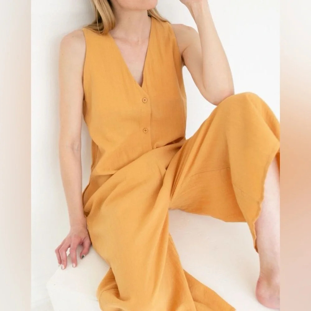 7115 BY SZEKI Wide Legged Linen Cotton Jumpsuit in Golden Yellow - Picture 3 of 13